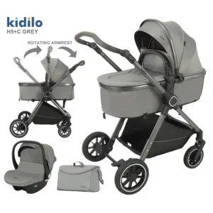 Poussette pour bébé Kidilo 3 en 1 avec siège auto – Gris