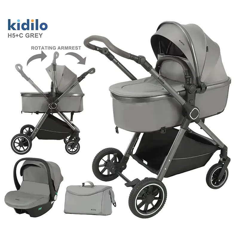 Poussette pour bébé Kidilo 3 en 1 avec siège auto – Gris