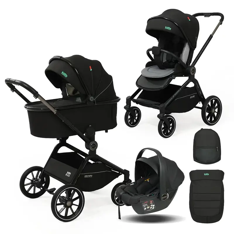 Poussette 3 en 1 Kidilo – Nacelle, Siège Auto et Confort Total dès la Naissance – Noir