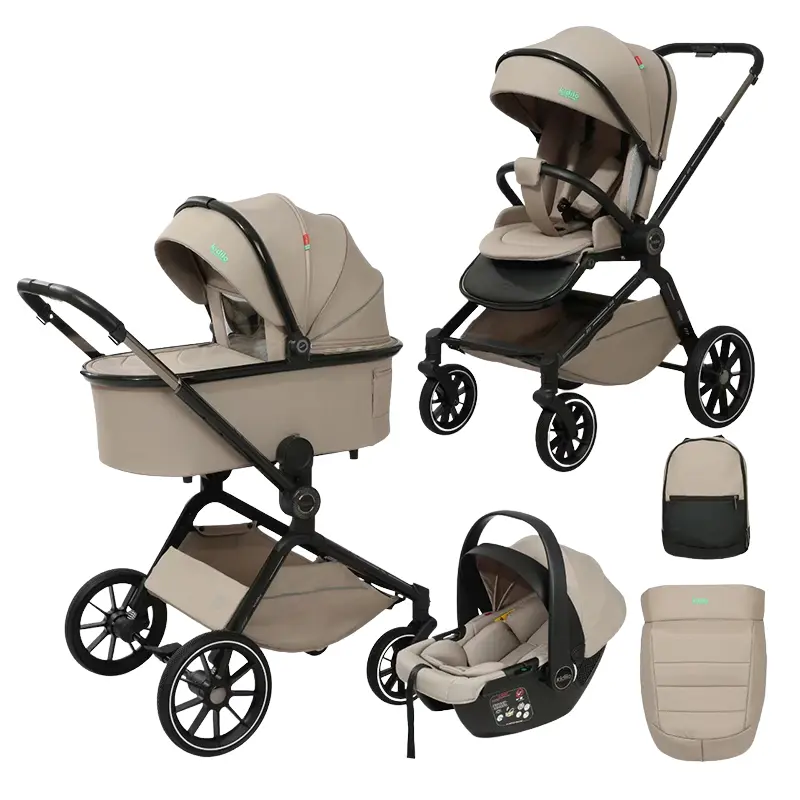 Poussette 3 en 1 Kidilo – Nacelle, Siège Auto et Confort Total dès la Naissance – Biege