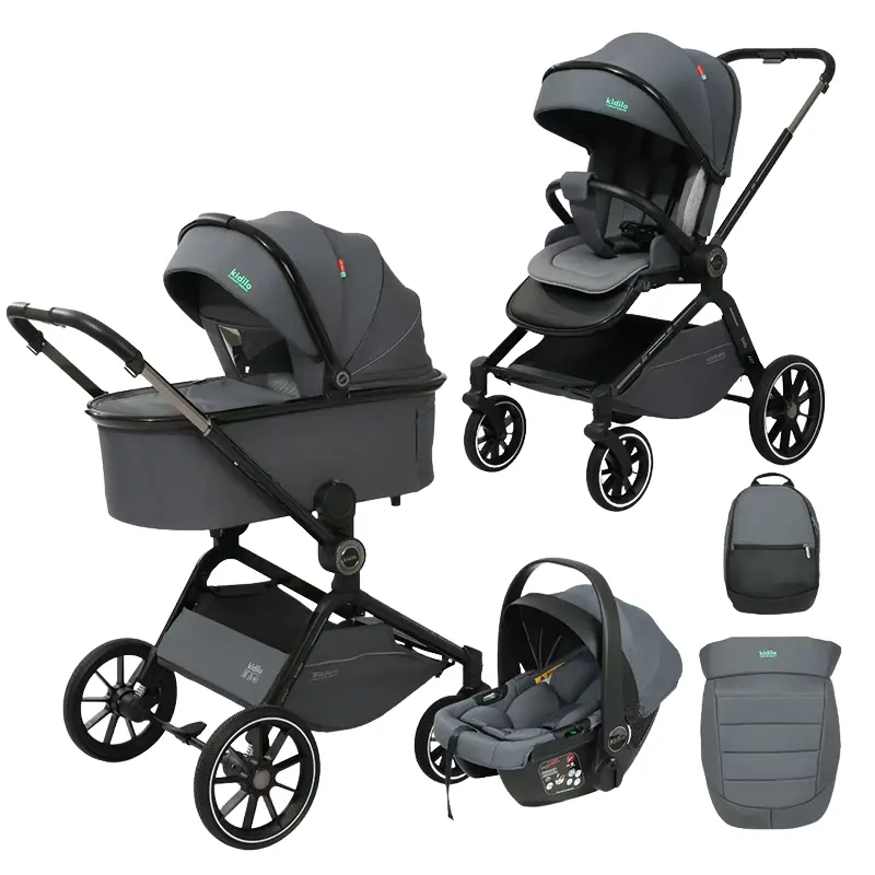 Poussette 3 en 1 Kidilo – Nacelle, Siège Auto et Confort Total dès la Naissance – Gris