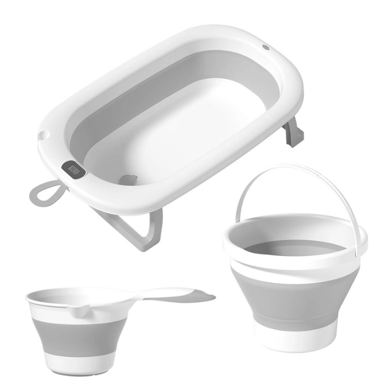 Baignoire Bébé Pliable avec Seau et Gobelet  3 en 1 Gris