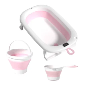 Baignoire Bébé Pliable avec Seau et Gobelet – Kidilo – Rose