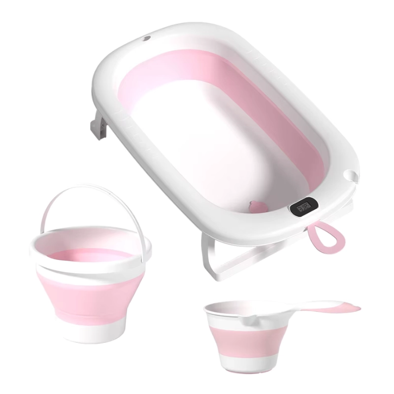 Baignoire Bébé Pliable avec Seau et Gobelet – Kidilo – Rose